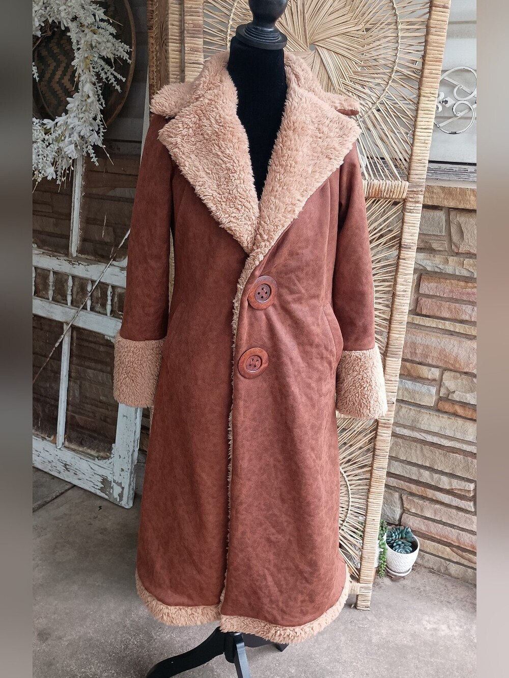 Classic Brown Faux-Suede Shearling Trench Coat_M